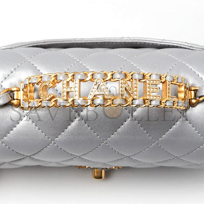 CHANEL SILVER QUILTED LAMBSKIN LEATHER STRASS ON TOP MINI FLAP BAG AS4362 (20*13*6cm)  